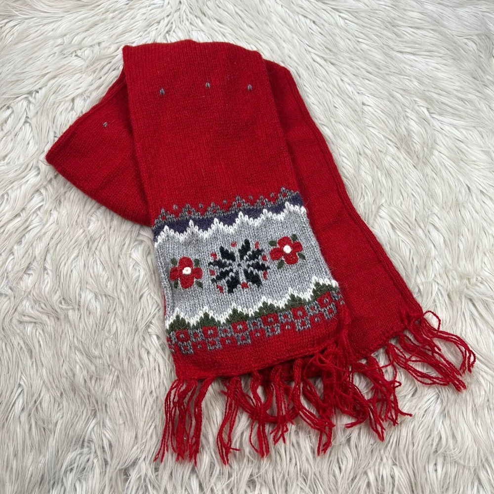 Neckworks Red Multi Fair Isle Floral Knit Scarf Fringe Hem Alpaca‎ Blend